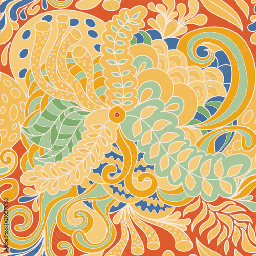 Seamless vector pattern featuring abstract natural organic shapes, leaves, branches, swirling waves, and marine flora elements. Smooth flowing composition in a contrast pastel palette of warm orange