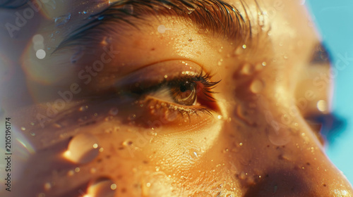 Close up of woman's golden glowing skin with sparkling water droplets and bokeh lights creating luxurious beauty concept