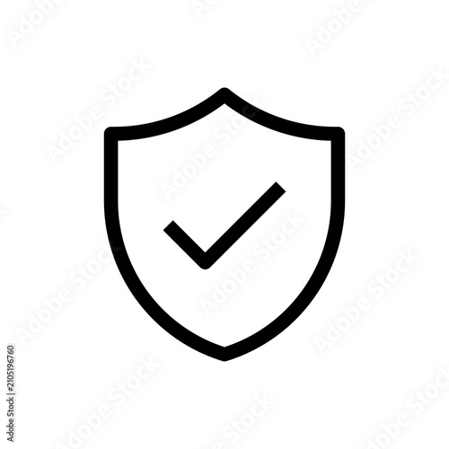 Security shield icon with checkmark symbol. Minimalist bold line design representing protection approved, verified, and safe status.
