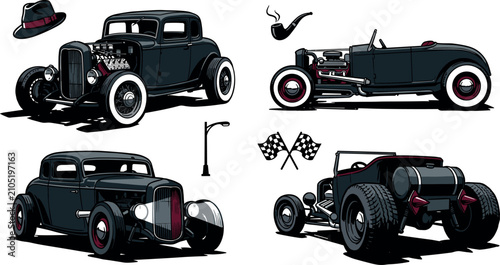 Photography Vintage retro hot rod car vector icon set with classic custom roadsters fedora h