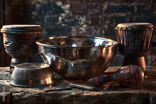 Artisanal percussion instruments and metal bowls on a rustic wooden tabletop still life with against dark brick