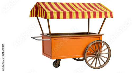 Obraz na plátně Orange food cart with red and yellow striped awning and wooden wheels