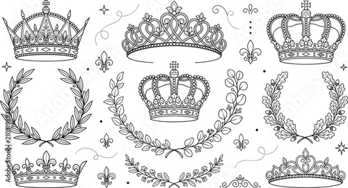 Royal crown and heraldic laurel wreath line art vector set with king queen tiara diadem and fleurdelis ornament
