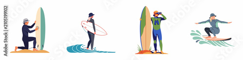 Canvas Print Collection of flat vector illustrations depicting surfers in various activities: waxing a board, scouting waves with binoculars, and surfing in the ocean