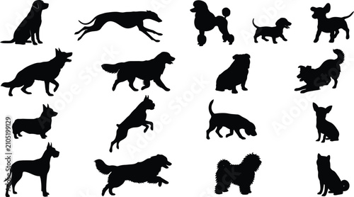 Bild auf Leinwand Group of black dog silhouettes representing different breeds in various active a