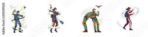 Fotografie Set of four stylized illustrations of skydivers in various suits and gear, checking altimeters and performing maneuvers in the air