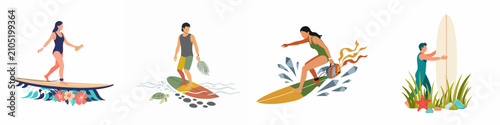 Photography Collection of flat vector illustrations depicting people surfing and enjoying tropical beach activities on a clean white background