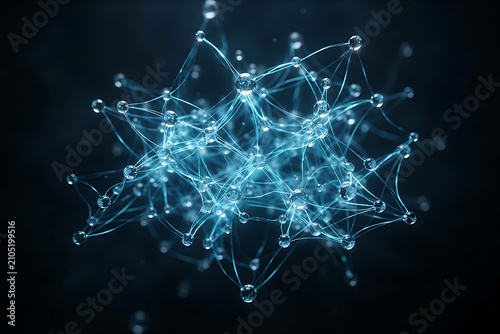 Abstract neural mesh network made of glowing liquid water drops and lines