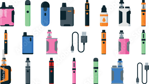 Foto Electronic cigarette vape vector set featuring various mod boxes pod systems e-j
