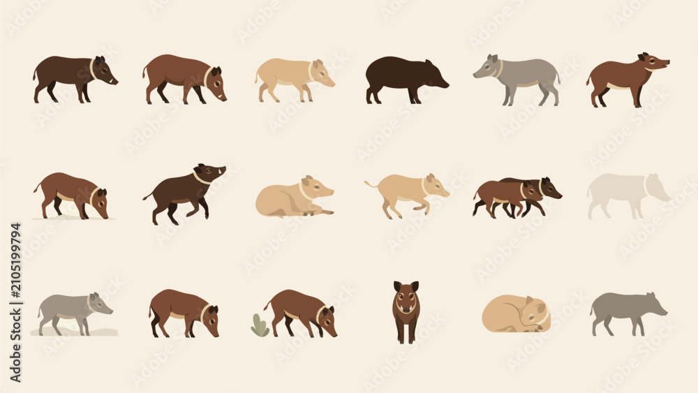 Fototapeta premium Set of flat vector wild boar icons showing various poses and activities for nature and wildlife design projects