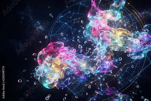 Dynamic colorful liquid paint splash swirl explosion on black backdrop