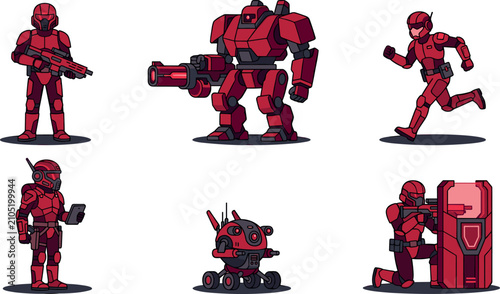 Foto Futuristic red sci-fi soldier and mech robot vector character set with armored i
