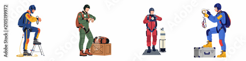 Obraz na plátně Vector illustration set of four skydivers in colorful jumpsuits preparing for a jump, checking equipment and altimeters on a white background