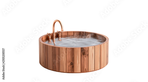 Foto Wooden hot tub with copper faucet and steaming water