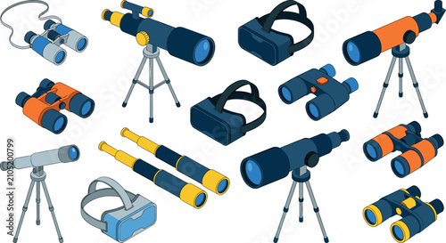 Quadro su tela Isometric optical devices vector set featuring telescopes on tripods binoculars