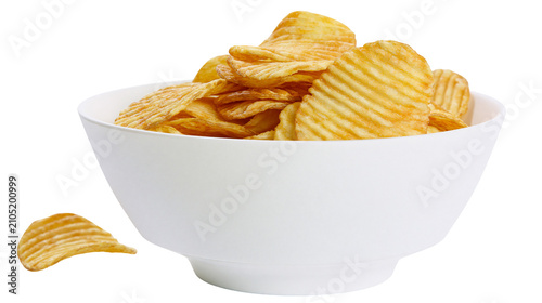 Foto Ruffled potato chips in a white bowl