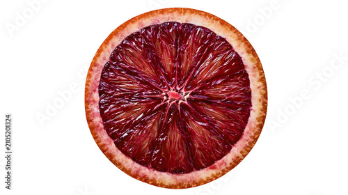 Fotografie Blood orange slice with vibrant red pulp and textured rind