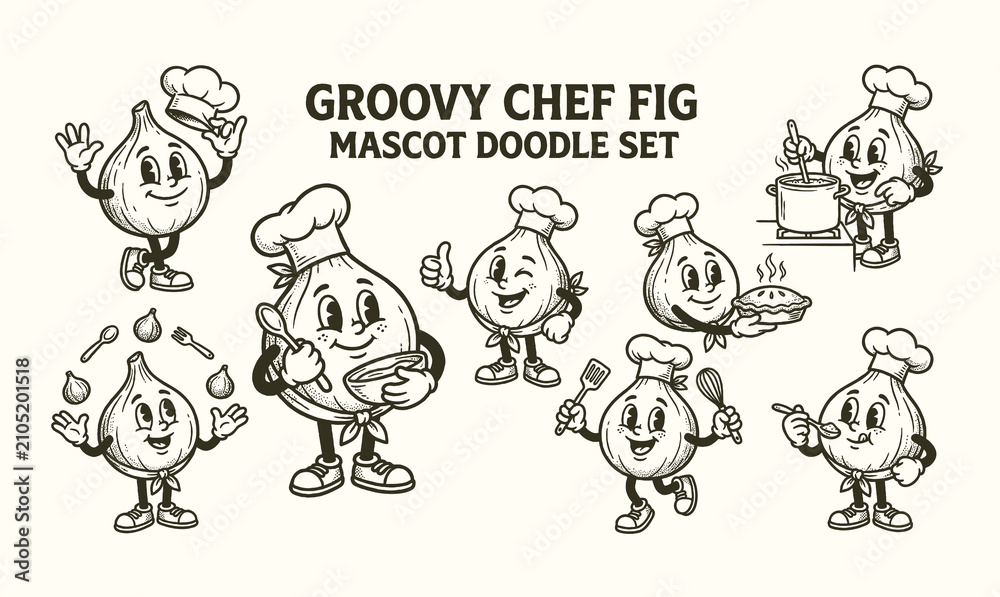 Fototapeta premium Retro anjeer fig fruit cartoon mascot characters set