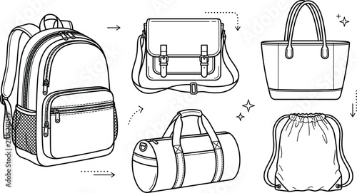 Schilderij op canvas Bags fashion accessories vector line art set with backpack messenger bag tote du