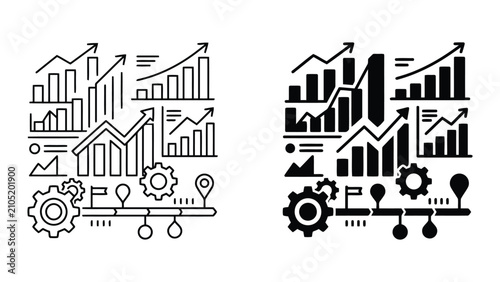 Business growth charts and strategic planning icons with business, strategy