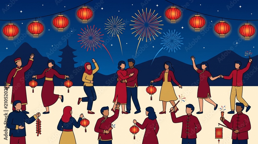 Naklejka premium Community Celebration Beneath Red Lanterns