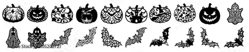 Foto Halloween laser cut hanging decorations vector set with pumpkins, witch, and bats