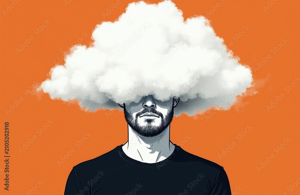 Naklejka premium Stressed man large white cloud covering head on orange background. Illustration shows mental fatigue, brain fog concept. Male person suffers from exhaustion, lack of focus, confusion, burnout,