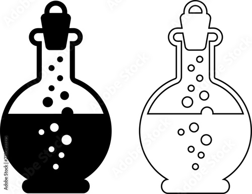 Fotografía Magic potion flask vector icon set features solid silhouette and line art outline designs, ideal for fantasy alchemy, chemistry lab, and liquid elixir projects