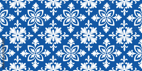 Seamless blue mosaic pattern with ornate floral ceramic tiles in Mediterranean style, perfect for vintage design projects and decorative backgrounds with intricate patterns