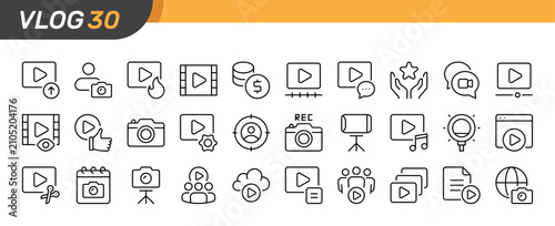 Vlog thin line icon set. Vlogging, Blog, Blogging, Video Creator, Social Media concept. Black outline vector icons collection.