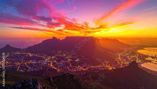 Dramatic sunset over Cape Town with Table Mountain illuminated by city lights.