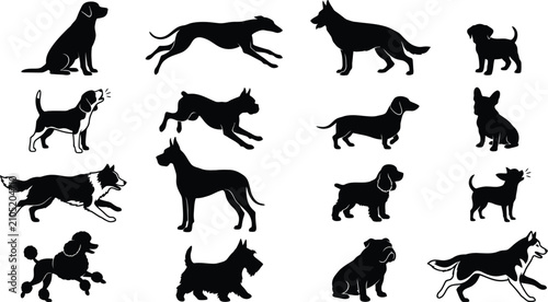 Obraz na płótnie Various black dog silhouettes featuring different breeds in active and resting p