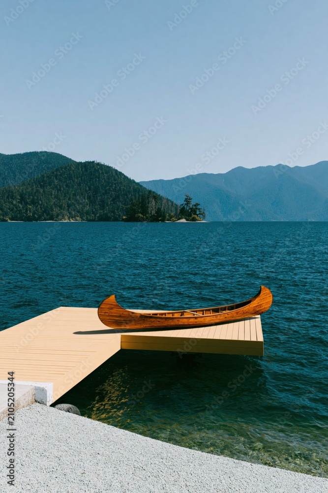 Fototapeta premium Wooden canoe resting on a beige dock at a mountain lake with forested hills for poster background and nature travel promotion