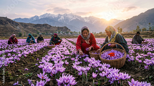 Women harvesting purple saffron flowers in a scenic mountain field