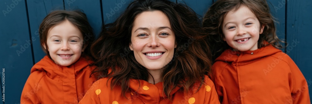 Fototapeta premium Smiling mother lying with two daughters in matching orange hoodies on blue board background for family banner and lifestyle layout
