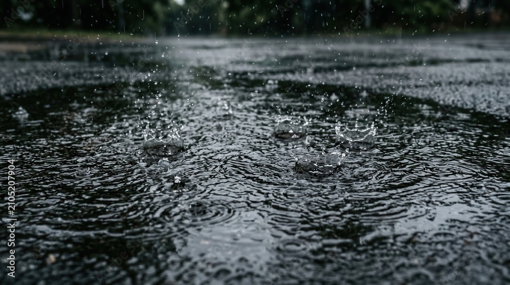 Fototapeta premium Raindrops splashing on wet asphalt during a heavy storm. Natural water cycle representing environment day and climate awareness.
