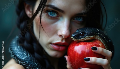 Young woman holds red apple with snake coiled around arm. Blue eyes gaze intently, representing temptation, knowledge, or original sin. Artistic concept of forbidden fruit and deception.