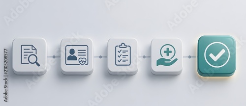 3D healthcare process timeline showing patient journey from medical record search to checklist and final approval