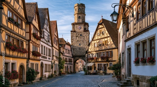 Cobblestone street in Rothenburg, Germany. Old town travel theme.