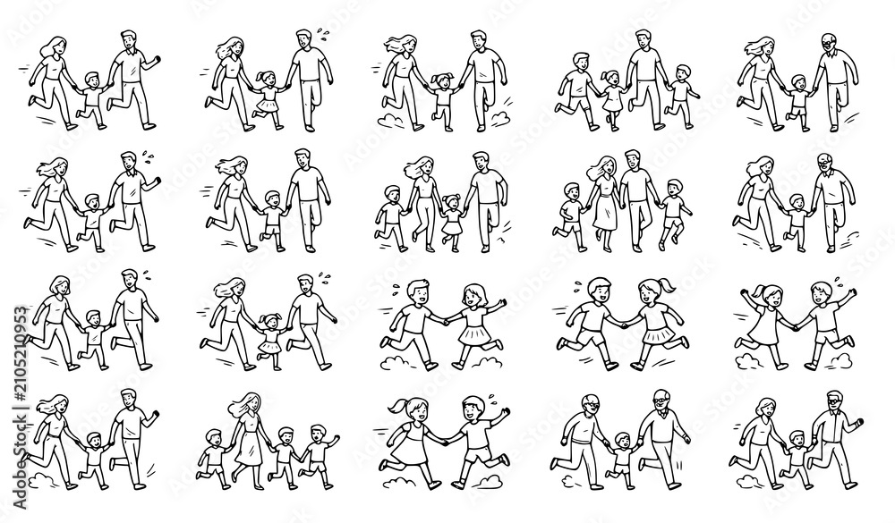 Obraz premium Hand Drawn Running Family Holding Hands Vector Illustration Set