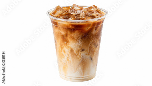 Refreshing iced coffee with milk in a clear plastic cup with a lid for summer beverage concepts isolated on transparent background cut out