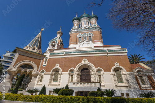 NICE, FRANCE, MARCH 24, 2026 - The back of the Russian Orthodox Cathedral of Saint Nicholas in Nice, France.