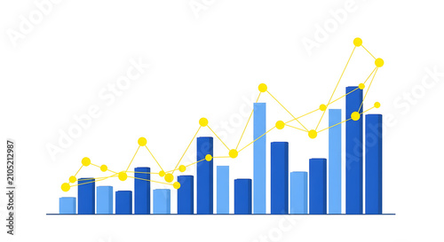 Financial growth and market data analysis report visualized with blue bar charts and yellow line graphs for business performance measurement