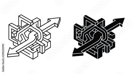 Complex strategic pathway concept with isometric arrows and labyrinth, strategy