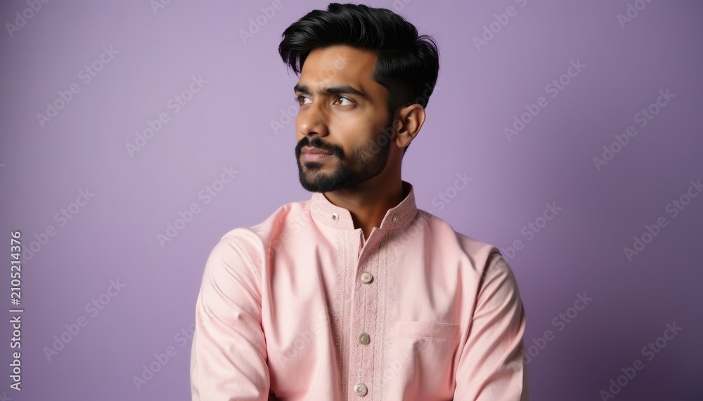 Obraz premium Young Indian man wears traditional pink kurta in studio. Guy stands against plain light purple background. Looks away with pensive thoughtful expression. Male model groomed beard, neat hair style.