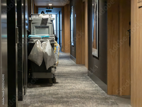A housekeeping cart sitting in a modern hotel corridor, symbolizing cleaning services and professional maintenance within the hospitality industry during daily room preparation tasks