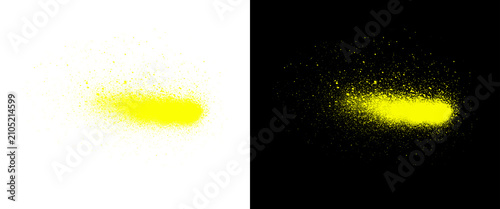 Neon yellow spray paint texture set, vibrant graffiti splatter on white and black backgrounds, urban street art paint drip and mist effect