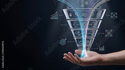 Revenue operations and marketing ROI analytics concept showing a clean digital sales funnel optimization