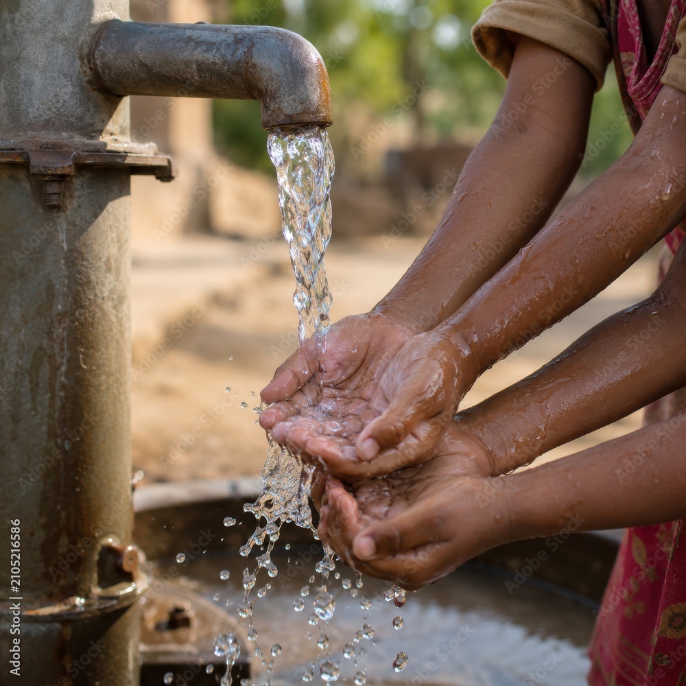 Fototapeta premium Children hands cupping clean water from village well