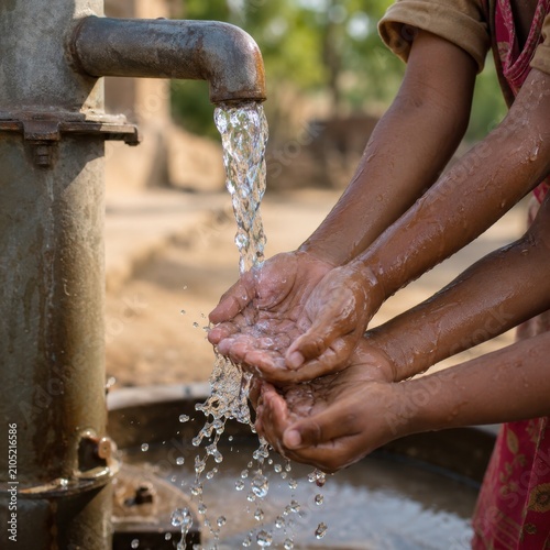 Children hands cupping clean water from village well